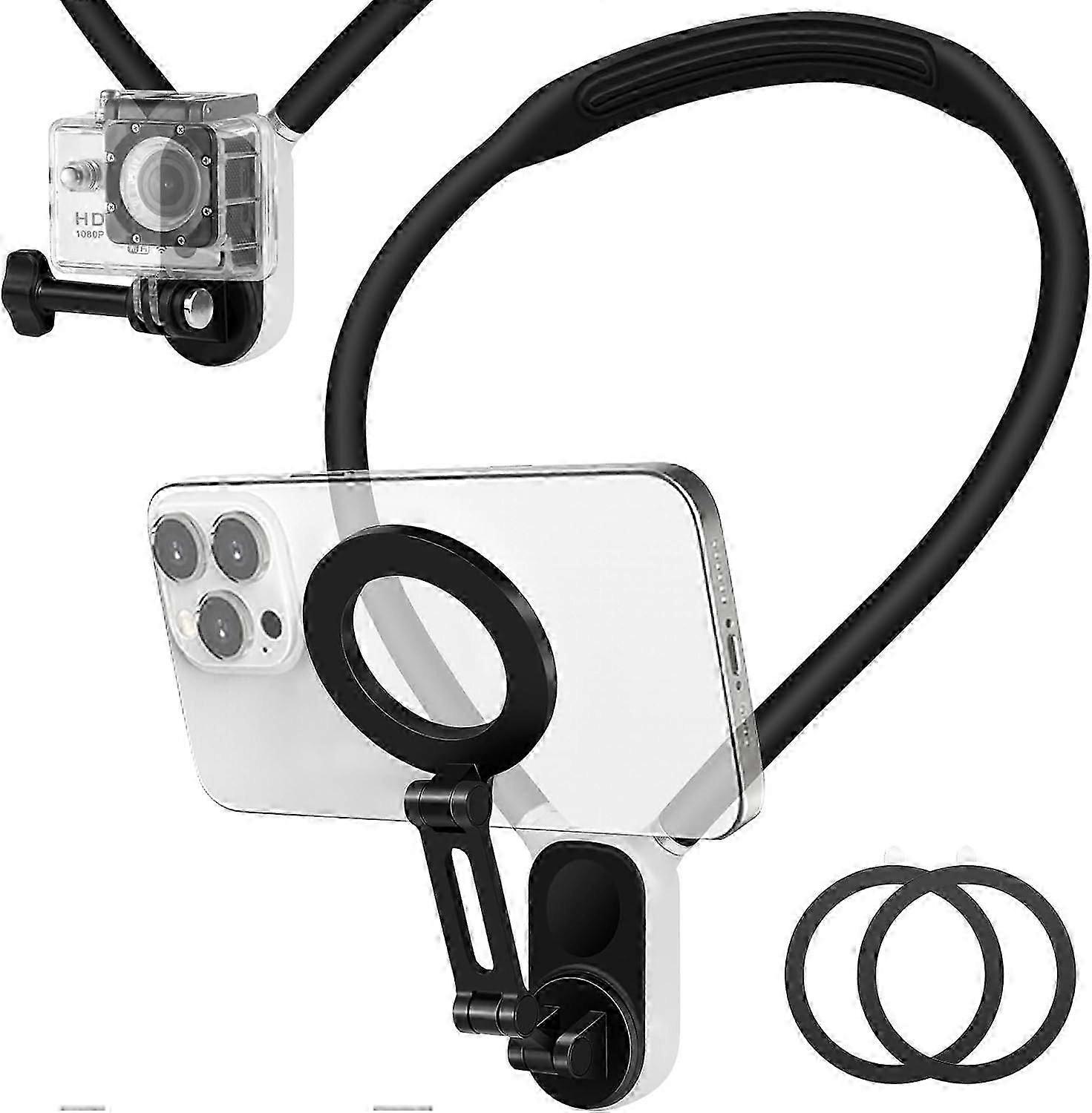 Magnetic Neck Cell Phone and Sports Camera Holder, POV/Vlog Selfie Mount, Hand Free Phones and Sports Camera Neck Holder for Smartphone and GoPro Inst