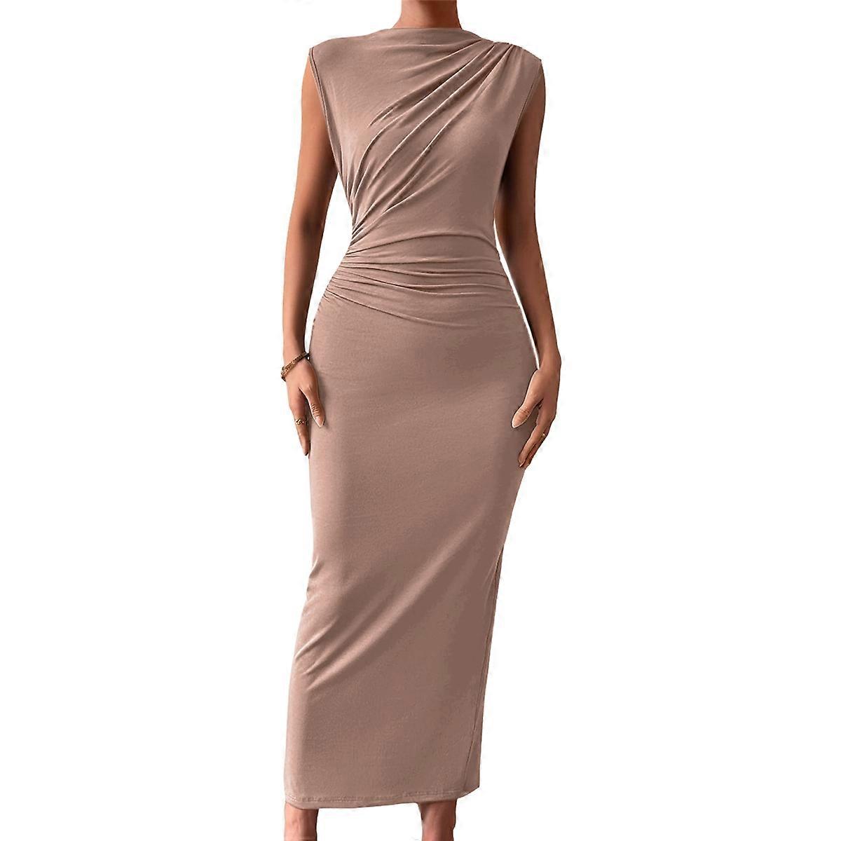 Women'S Ruched Bodycon Dress Khaki M