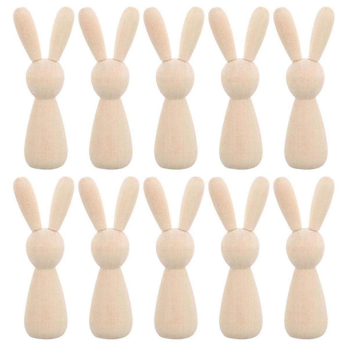 10Pcs Unfinished Wooden Rabbit Doll Figure Unpainted Peg Dolls DIY Blank Wood Bunny Puppet Craft Art Easter Decoration