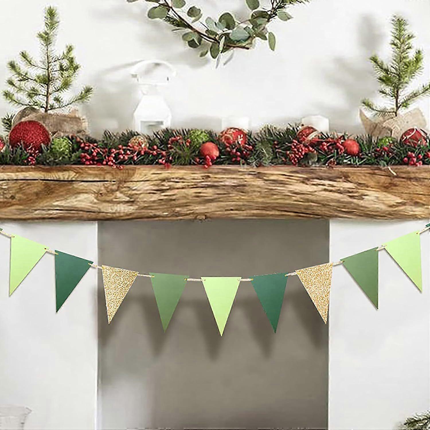 1Set Gold and Green Paper Triangular Flags Party Decorations Bunting Baby Bride