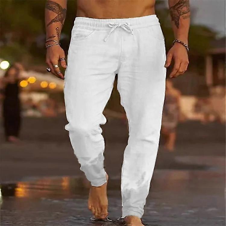 New men's solid colour drawstring cotton linen loose casual beach lounge trousers