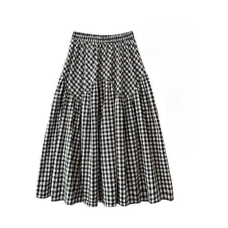 Design Sense Art Retro Plaid High Waist Slimming A- line Skirt New Patchwork Big Hem Umbrella Skirt Long Skirt