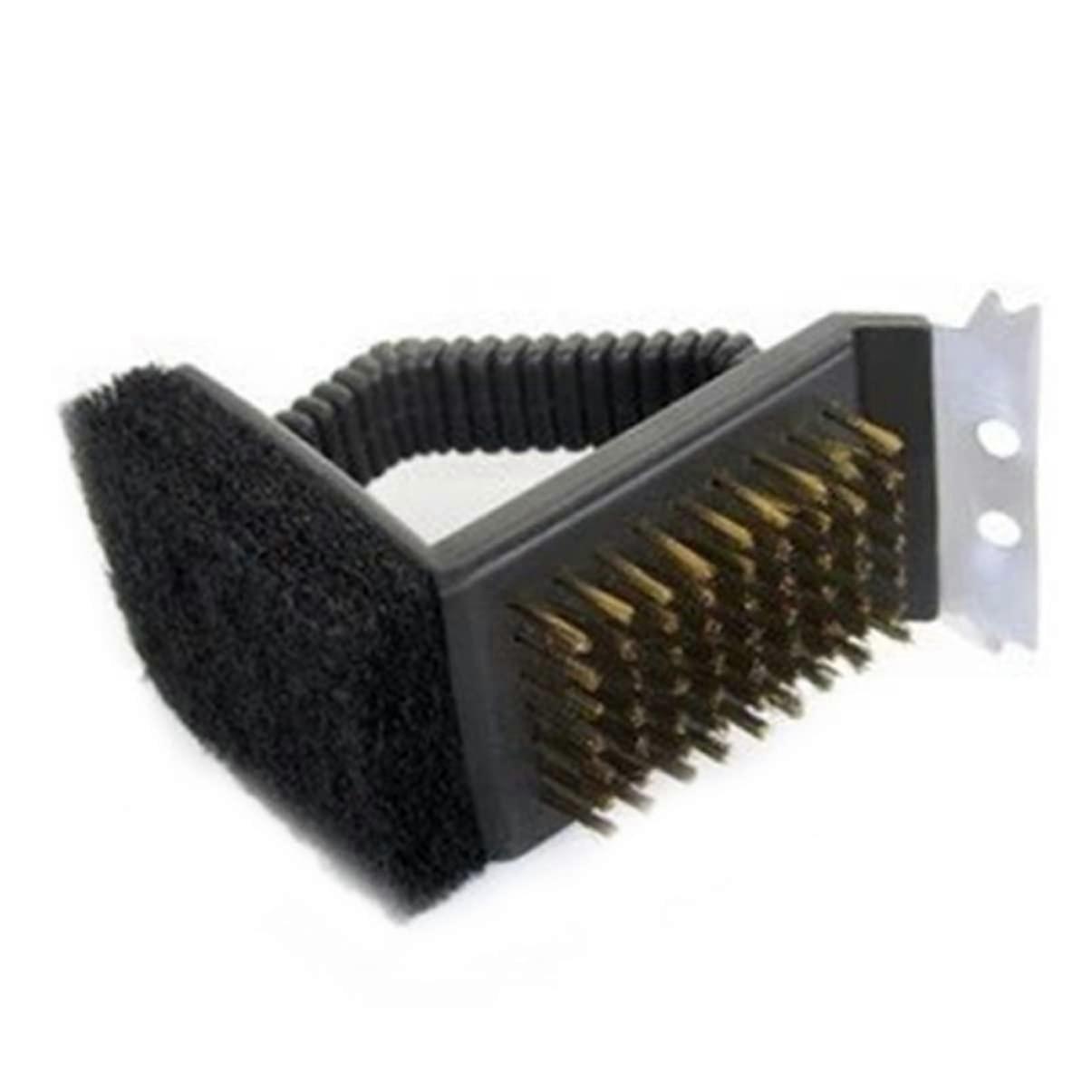 Grill cleaning brush with ergonomic scraper and brass bristles for cast iron grill accessories for effortless cleaning