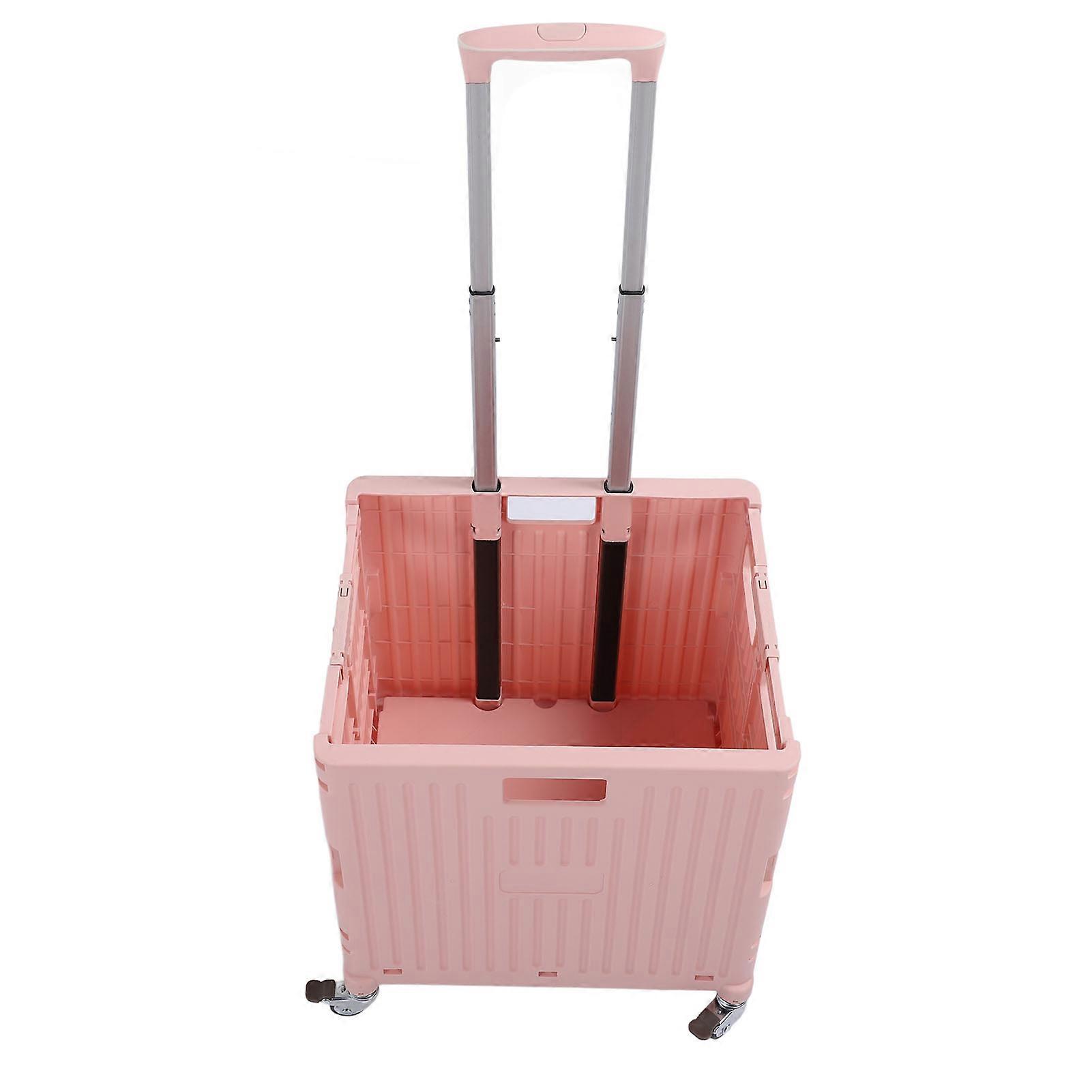 Collapsible Utility Cart Rolling Crate Swivel Casters PP Strong with Telescopic Handle Lid Storage Cart for Shopping Pink