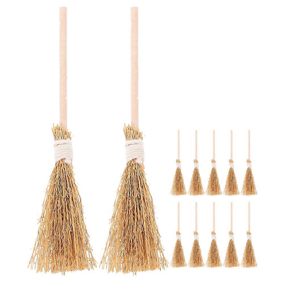12pcs Broom Models, Rustic Miniature Straw Brooms for Halloween Decor, Dollhouse Craft, Micro Landscape Table Ornaments
