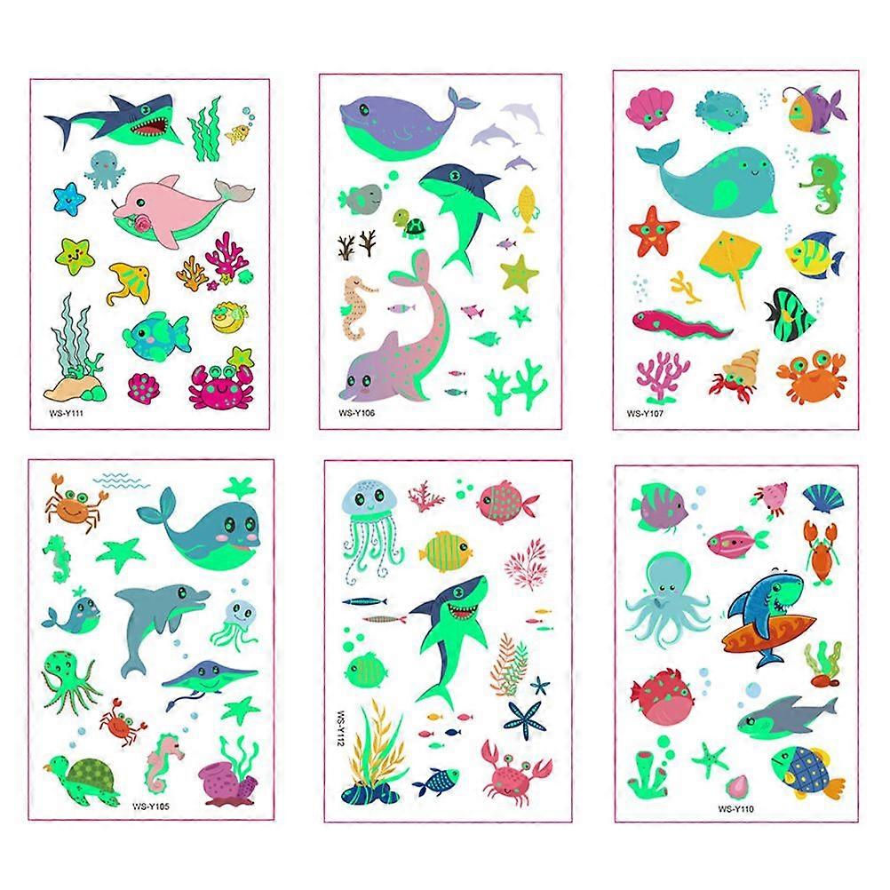 6 Sheets Ocean Theme Temporary Tattoos Children Waterproof Luminous Stickers