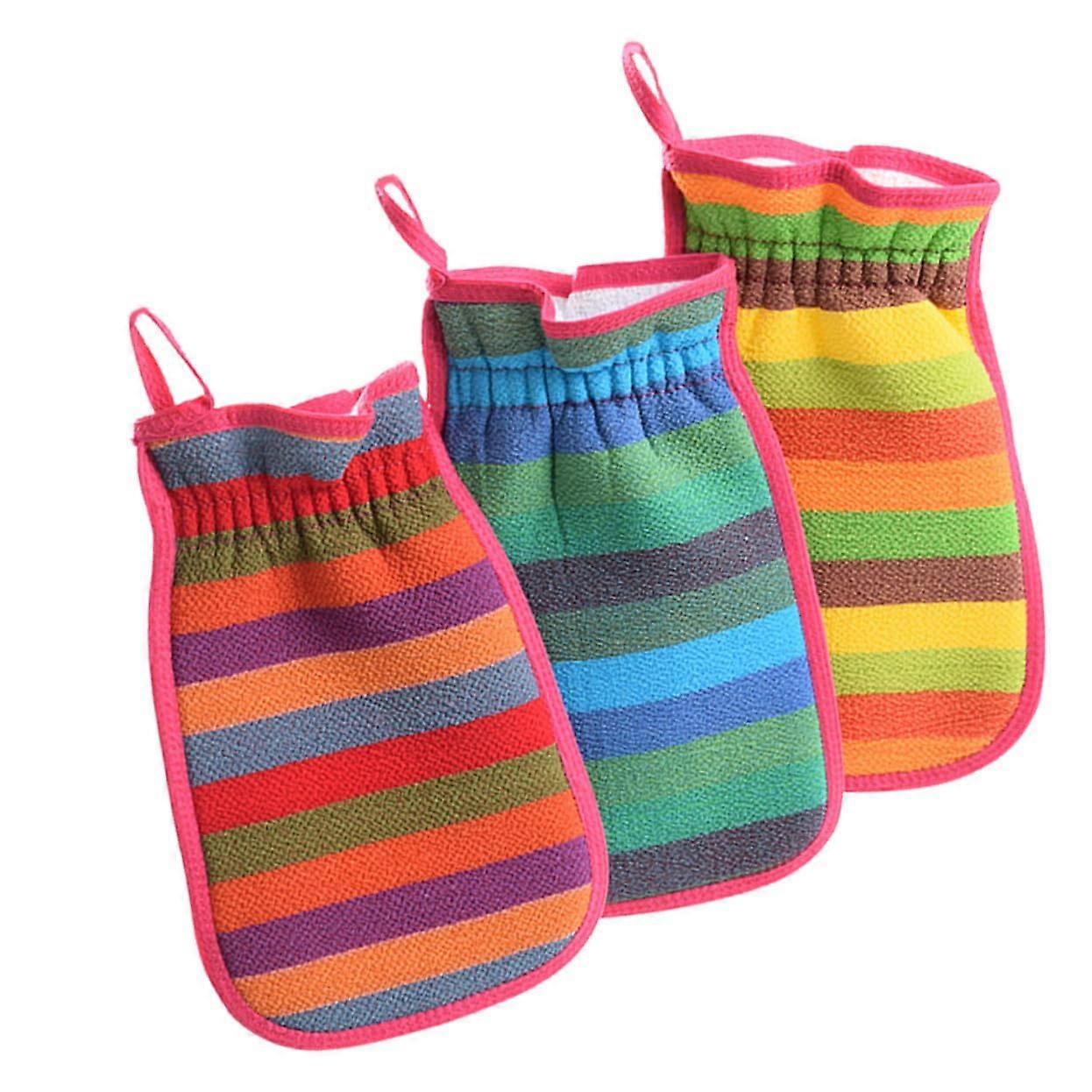 Exfoliating Gloves 3-Piece Set, Double-Sided Bath Towel, Mesh Net Shower Peeling Mitt, Plant-Based Silk