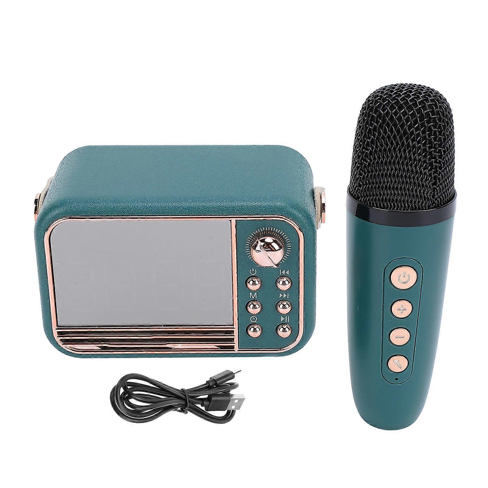 Retro Green Digital Clock Bluetooth Speaker with Karaoke Mic, Portable for Home & Travel