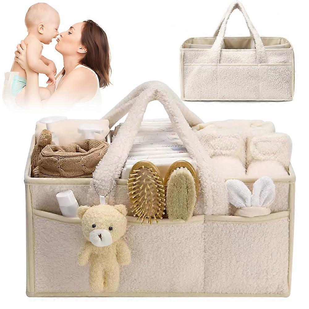Plush Baby Nappy Caddy with Compartments  Handles, Travel Changing Organiser White