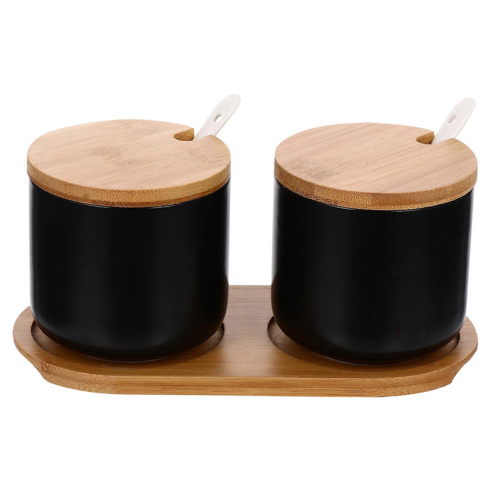 Black Ceramic Spice Container with Wooden Base for Home Kitchen Storage 1 Set