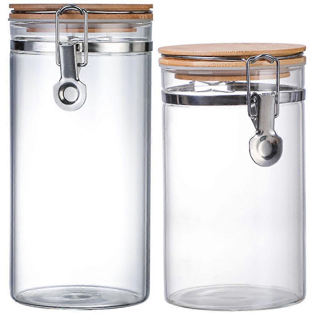 Airtight Food Storage Jars with Glass and Wood Design for Home Use 2Pcs