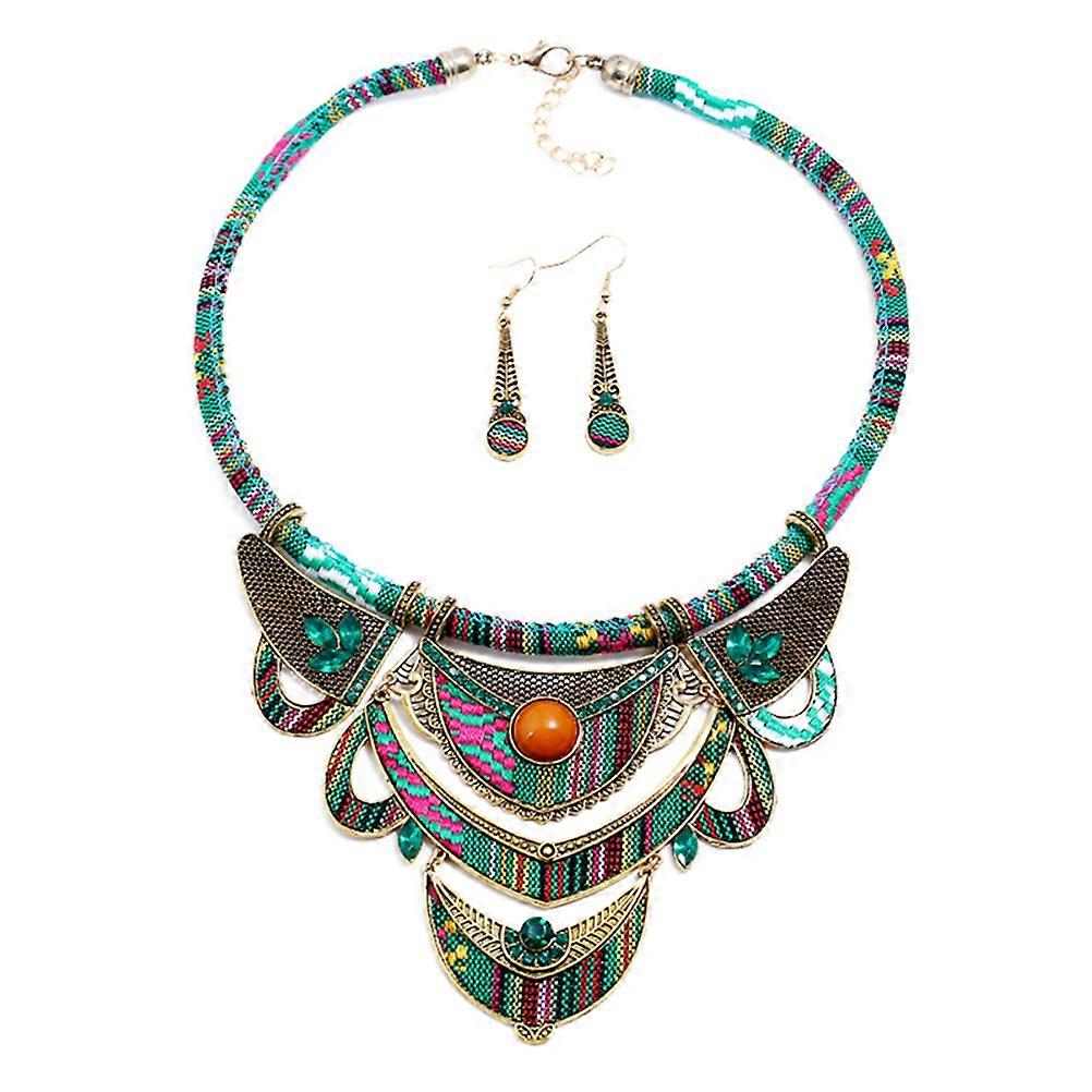 Beautiful Boho Jewelry Set Comprising Necklace And Earrings For Various Events 31.00X16.00X0.50CM Green Decoration 1 Set