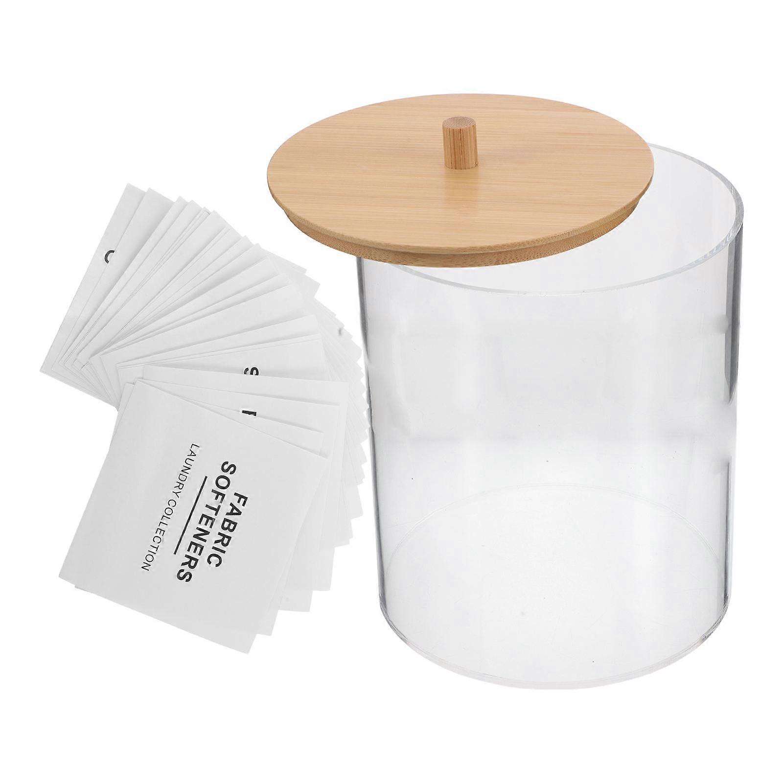 Clear Acrylic Laundry Pod Holder with Wood Lid and 27 Labels for Home Organization Transparent