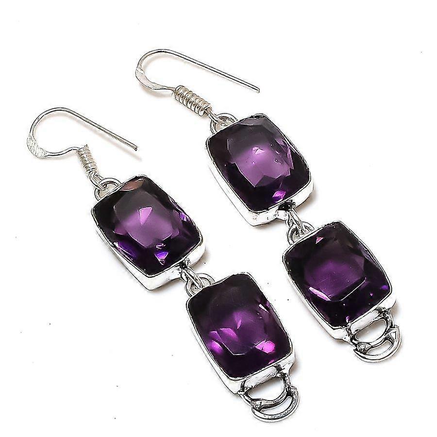 Natural Amethyst Gemstone Handmade 925 Sterling Silver Gift Earring 2.52" Z9Q04