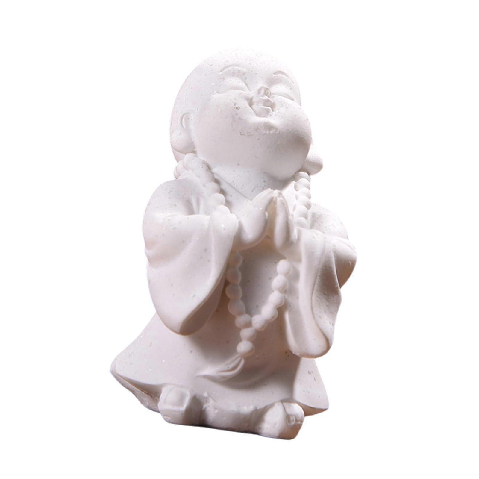 Handmade Resin Monk Statue Sitting Buddha Sculpture in Subtle Sand/White Color for Tranquil Living Space Decor