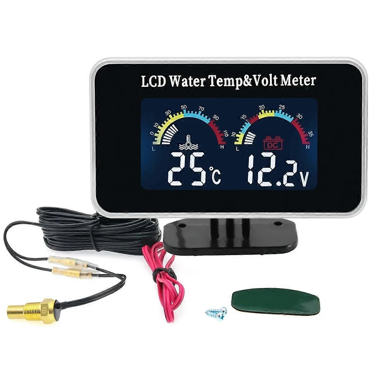 AD Car LCD Water Temperature Meter + Thermometer Voltmeter Gauge