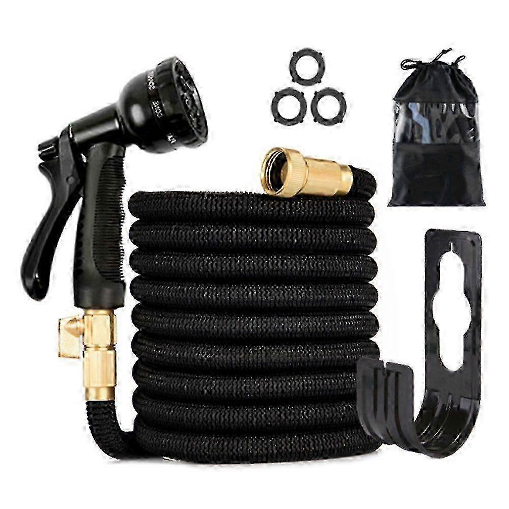 50Ft Lightweight Garden Hose, Black, with Hook and 3/4" Solid Brass 9 Function Water Spray Nozzle