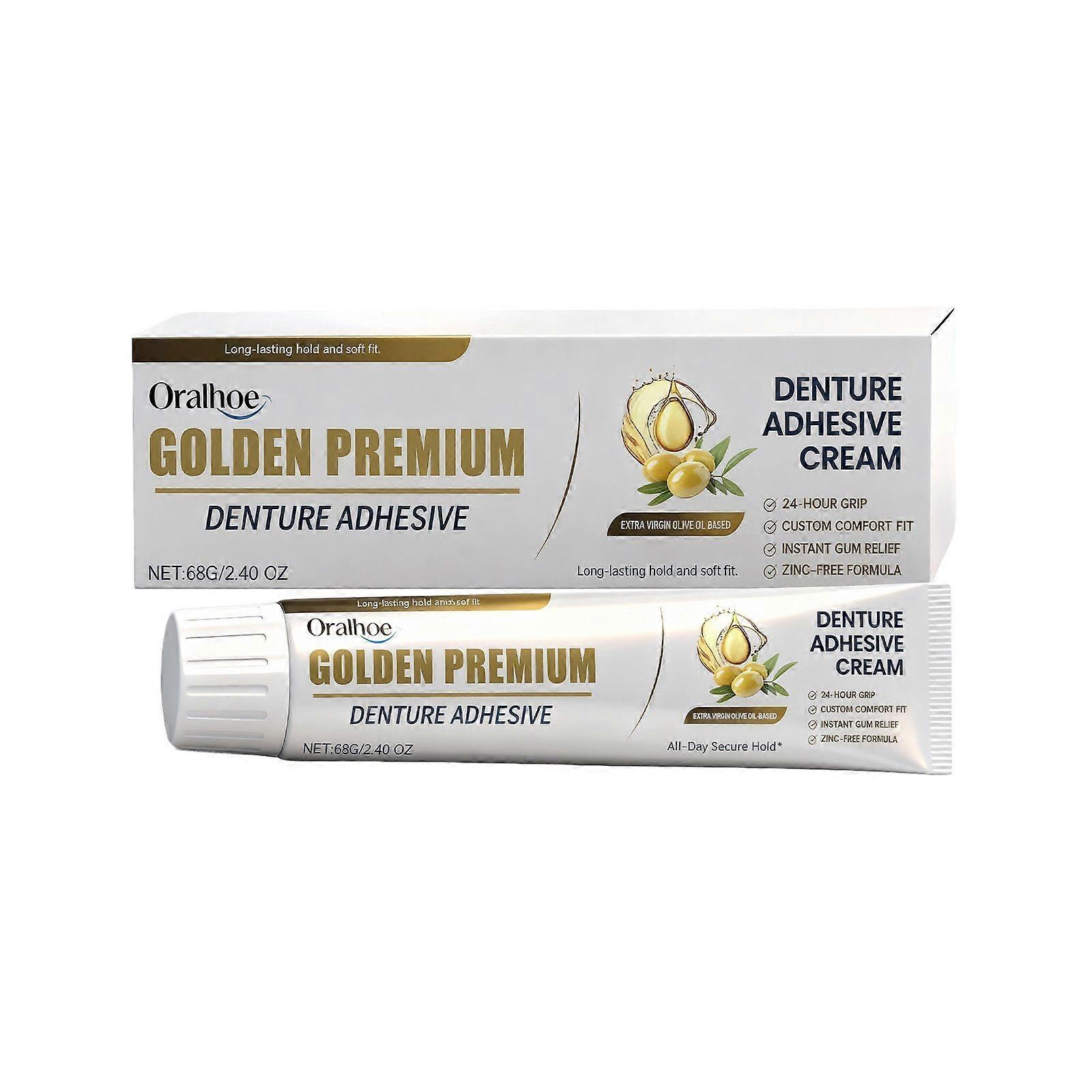 Denture Adhesive, Petroleum Free Olive Oil Based Premium Denture Adhesive Cream for Full and Partial Dentures, All Day Secure Hold Denture Glue