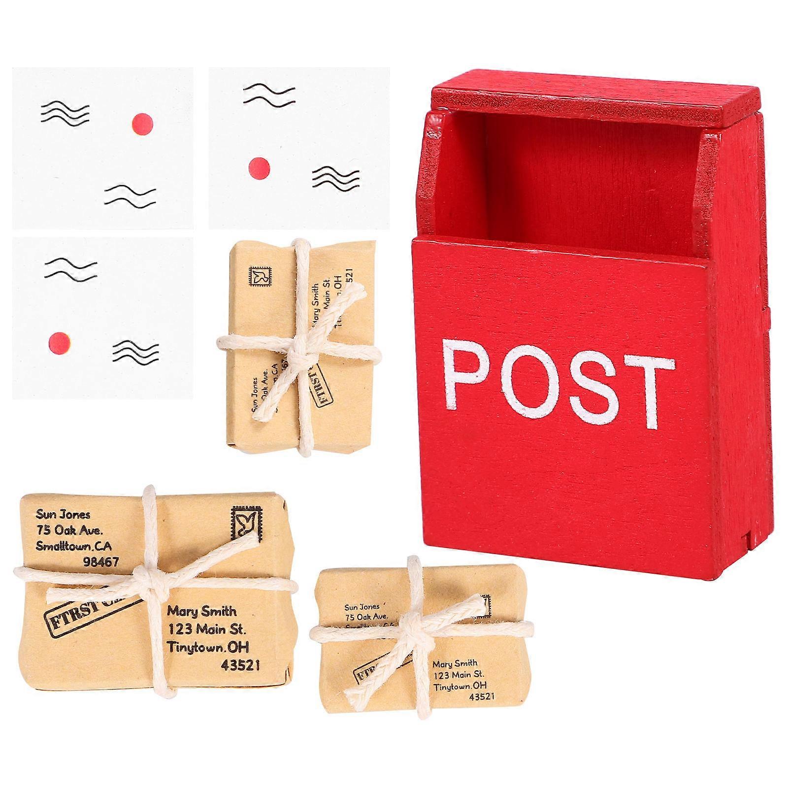 Mini Mailbox Doll House Wooden Mailbox with Postcard for Decoration 4Sets
