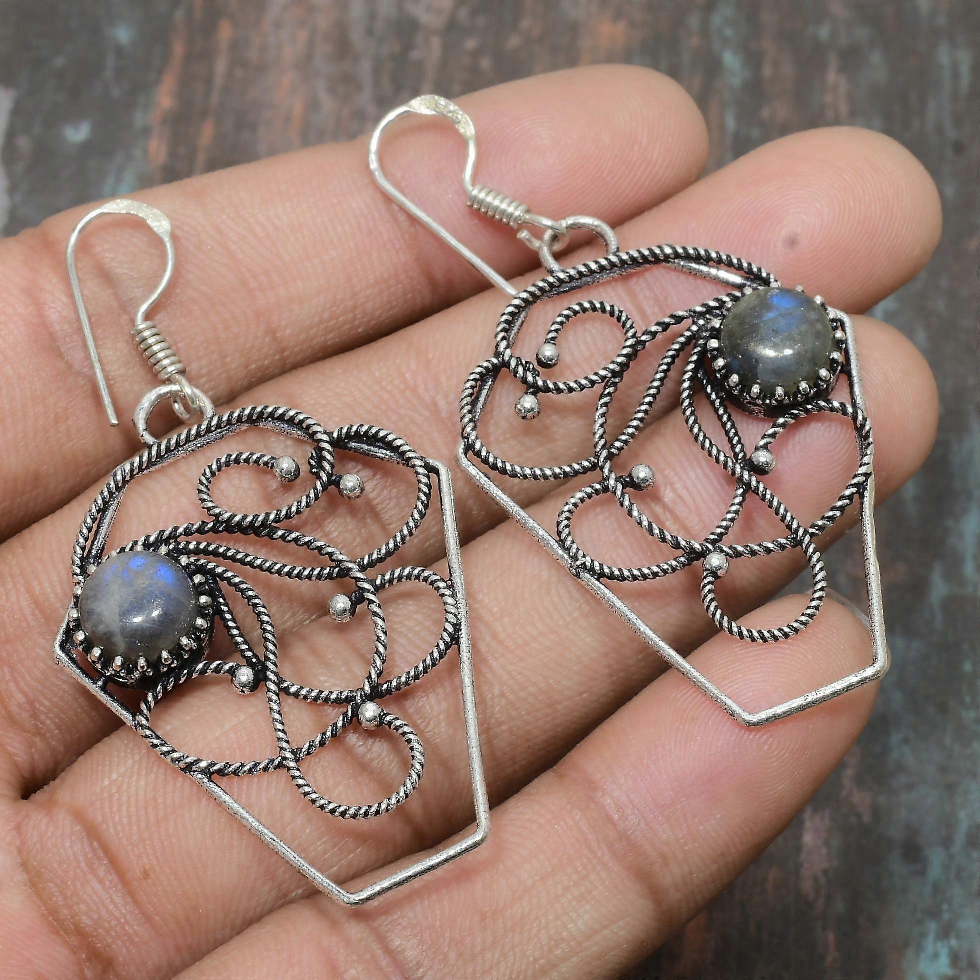 Orecchini in argento sterling 925 con pietra preziosa di labradorite, fatti a mano, meravigliosi gioielli