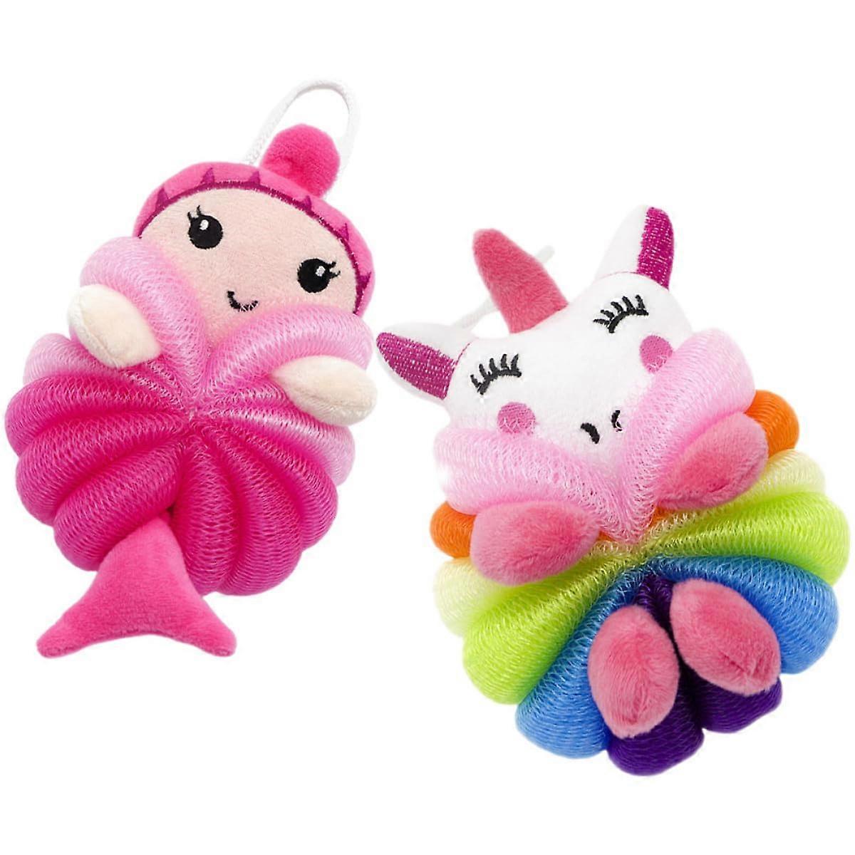 2pcs Exfoliating Bath Loofah Balls with Mermaid Unicorn Design for Gentle Deep Cleansing and Lather