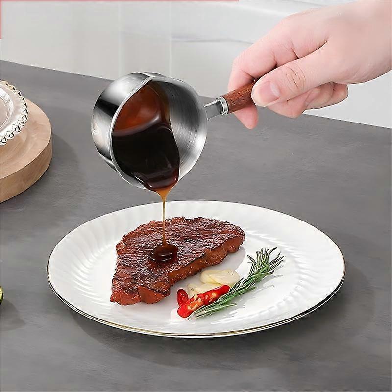 Butter Warmer Stainless Steel Saucepan 150ml with Dual Pour Spouts and Wooden Handle for Milk and Butter