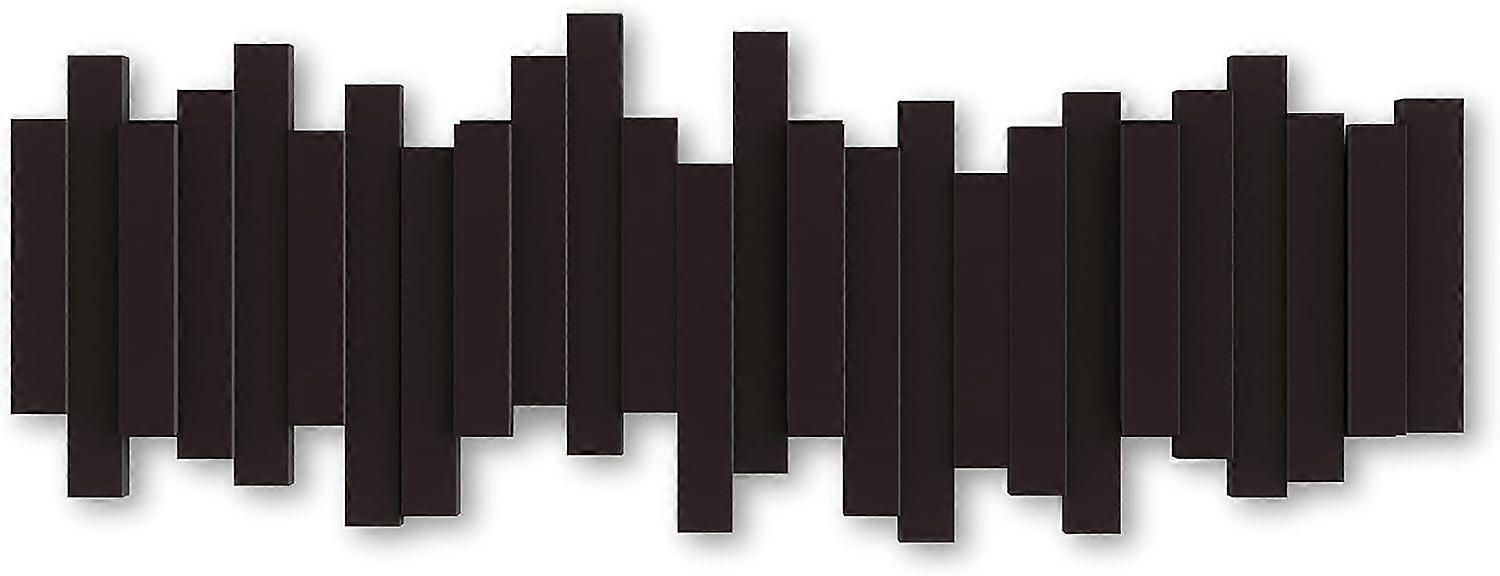 Dark brown wall-mounted coat rack with 5 folding hooks