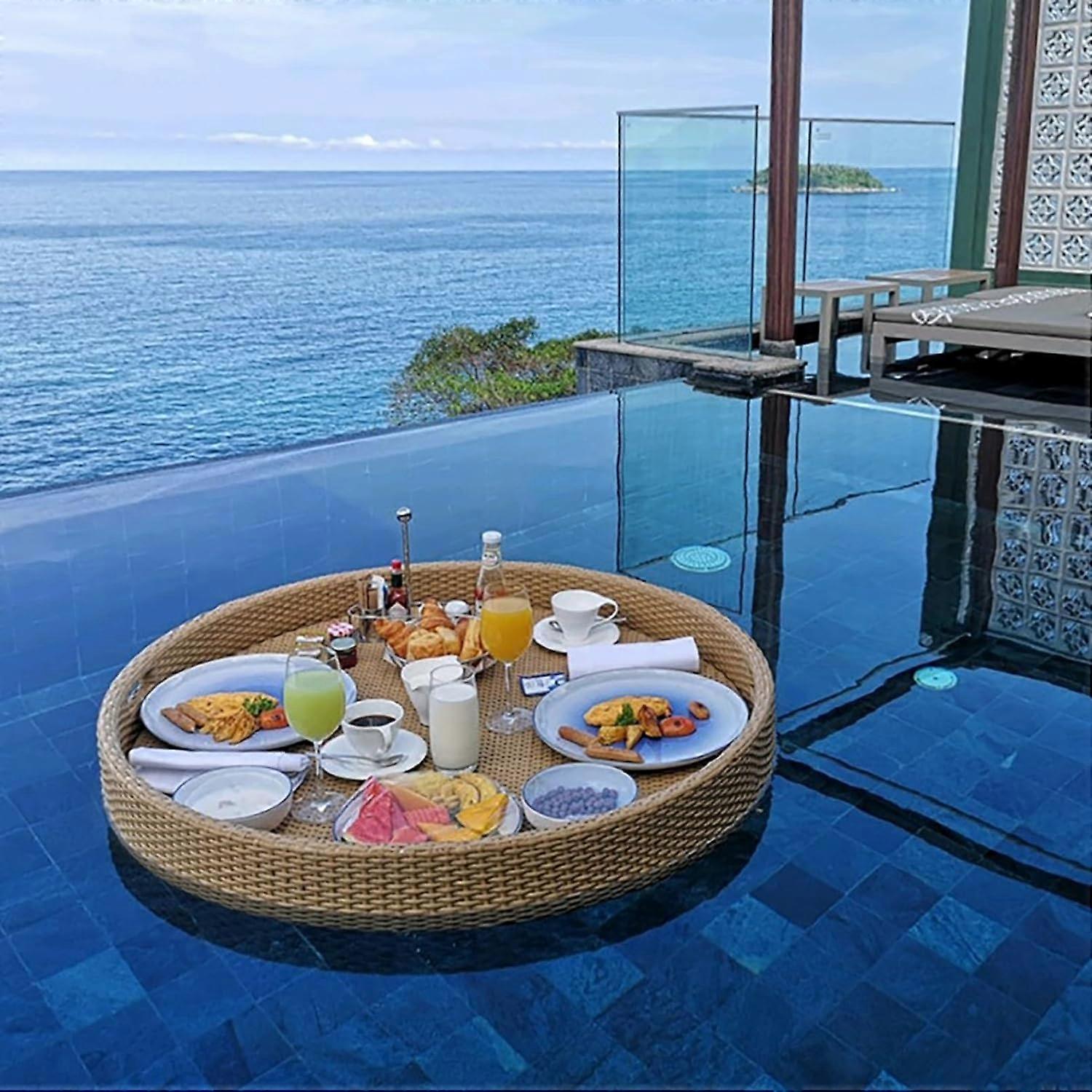 Rattan Floating Breakfast Tray for Pool, Large Round 80CM UV Resistant Serving Table for Beach Party