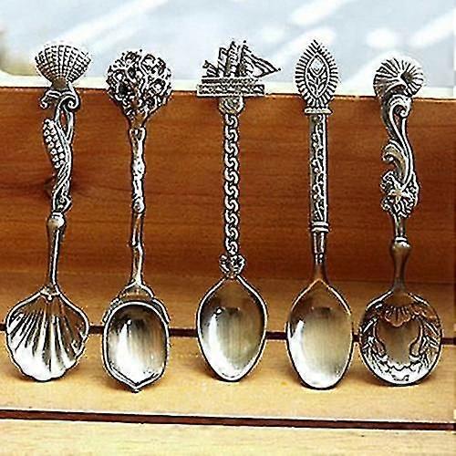 5Pcs Retro Gothic Pattern Carved Coffee Tea Snacks Sugar Spoons Kitchen Cutlery