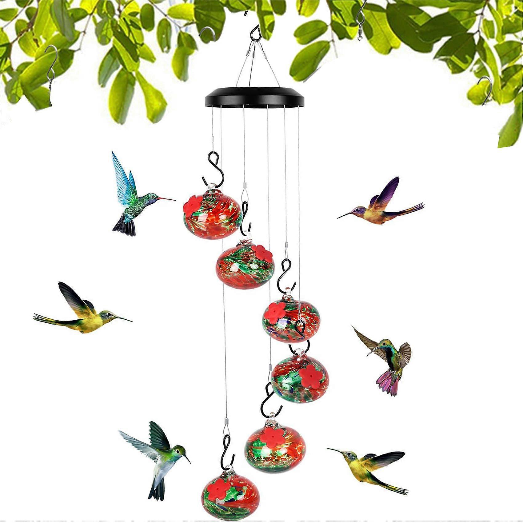Red Hummingbird Feeder with Wind Chimes, Dual Function Bee Proof Outdoor Garden Decor