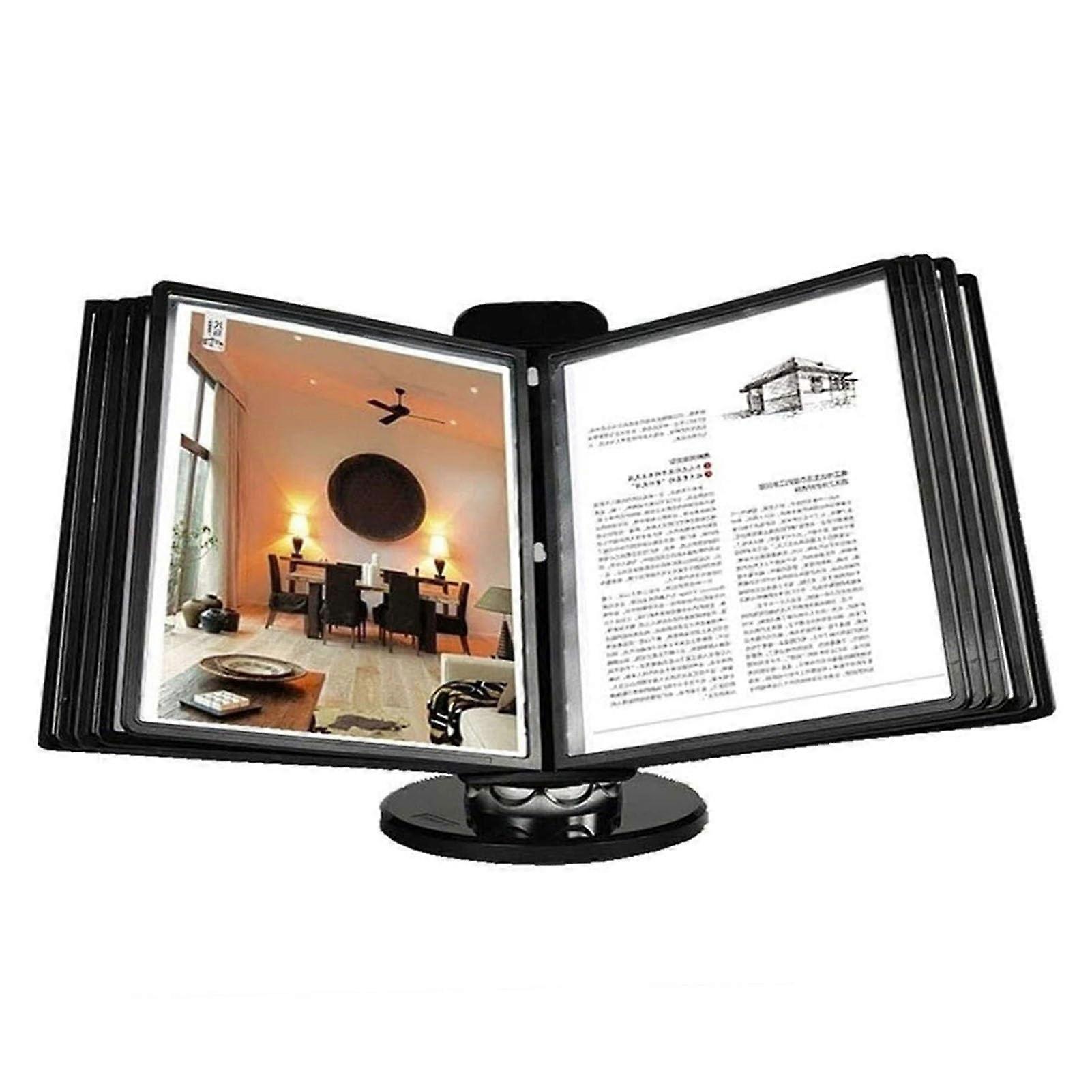 Desktop Reference Organizer with 360° Rotating Rack, 10 DoubleSided Pockets, Adjustable Angle, Metal Frame