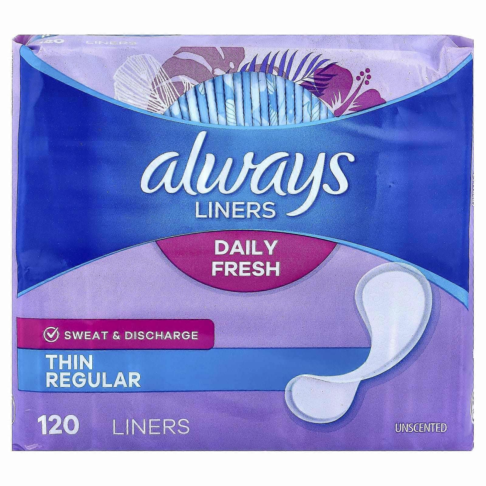 Always, Daily Fresh Liners, Thin, Regular Unscented, 120 Liners, 2-Pack