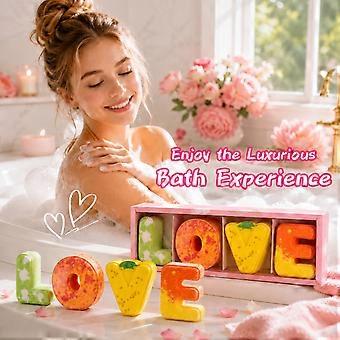 Cadeauset met 4 LOVE-badbommen met alfabetmotief, bruisballen met fruitige geur, ontspannende spa-badballen, romantisch Valentijnscadeau om jezelf te verwennen.
