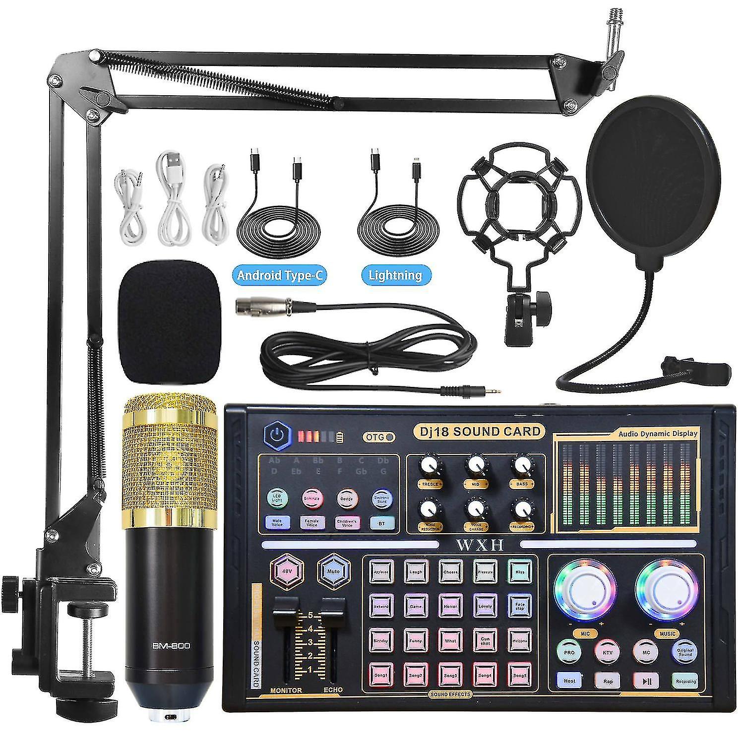 Professional Recording Studio Audio Set External Microphone Sound Card With Tuning Equipment-black-