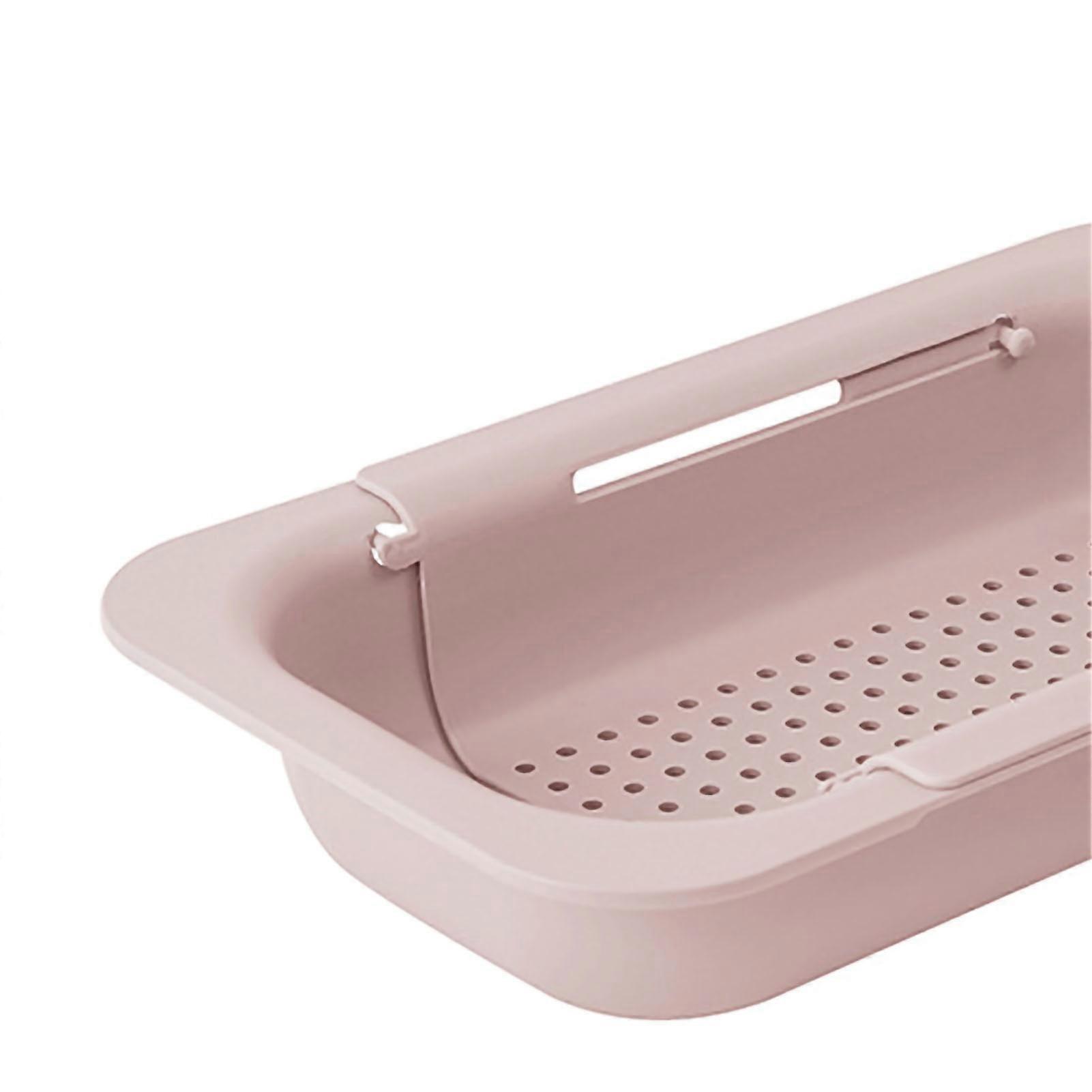 Retractable Sink Basket Rectangular Multifunctional Thicken Durable PP Drain Basket for Vegetable Fruit Pink