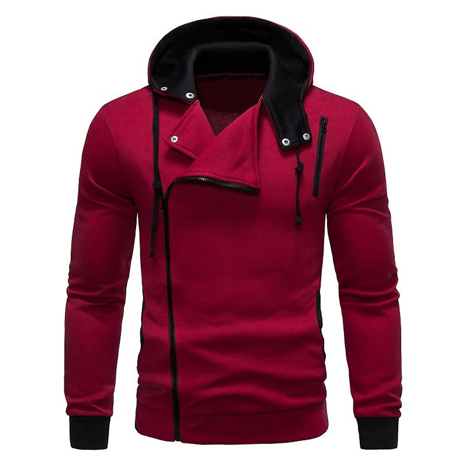 Män Fall Hoodie Sned Dragkedja Långärmad Huva Kontrastfärg Elastisk Manschett Dragsko Asymmetrisk