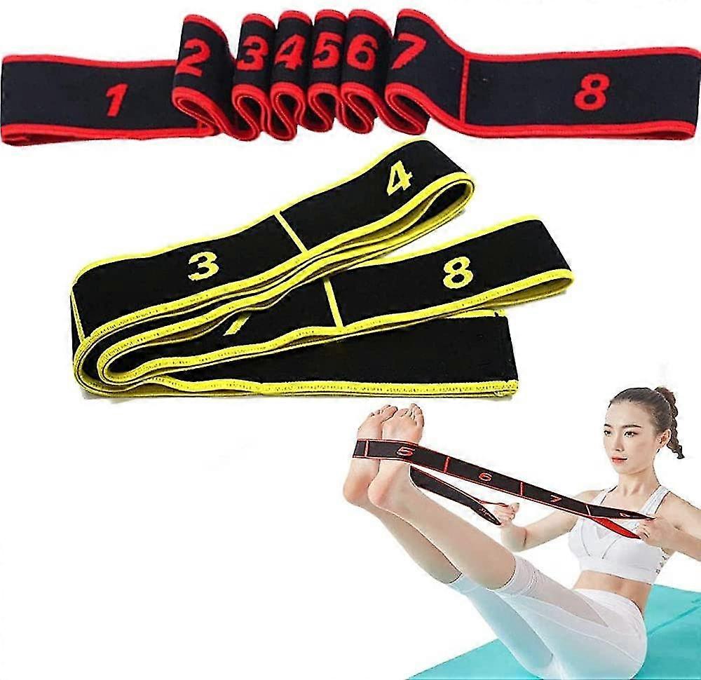 2 Pieces Stretching Resistance Bands,multi-loop Adjustable Exercise Band with numbers, red-yellow