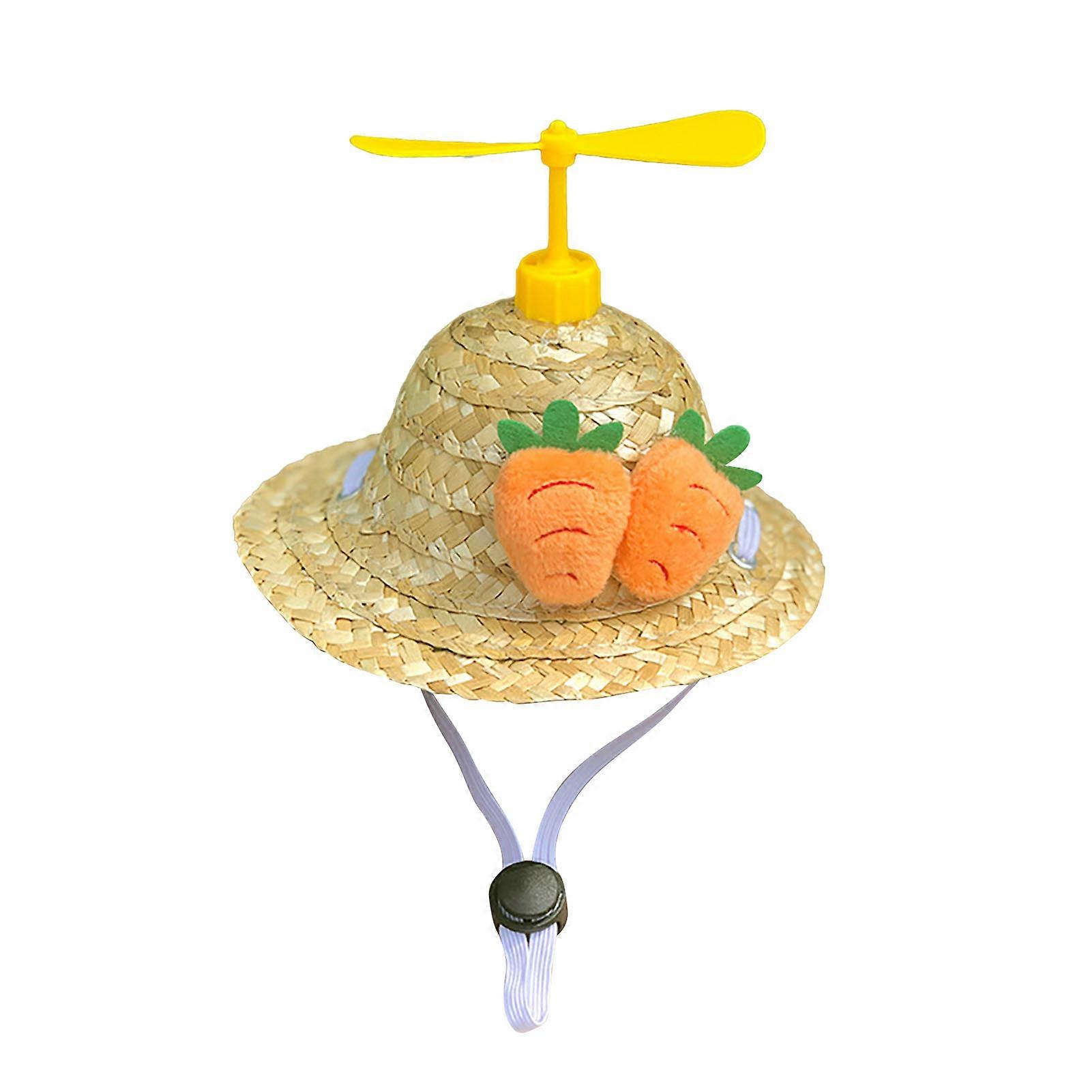 Chapeau de paille pour animaux de compagnie, joli chapeau de paille en bambou fait à la main pour petits chiens et chats, motif libellule, photographie, carotte jaune, taille M