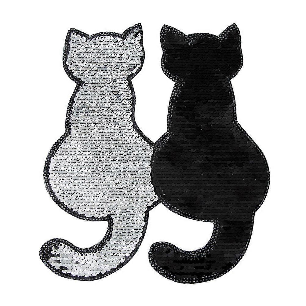 2pcs Sequin Embroidered Patches Cat Shaped Patch Applique DIY Sew On Clothes Accessory for Clothing(Black)