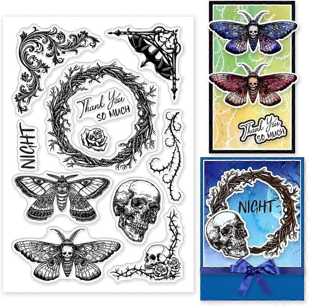 Gothic Moth Clear Silicone Stamps for DIY Card Making Wreath Corner Frame Silicone Transparent Seal Skeleton Decorative Clear Stamps for Scrapbooking