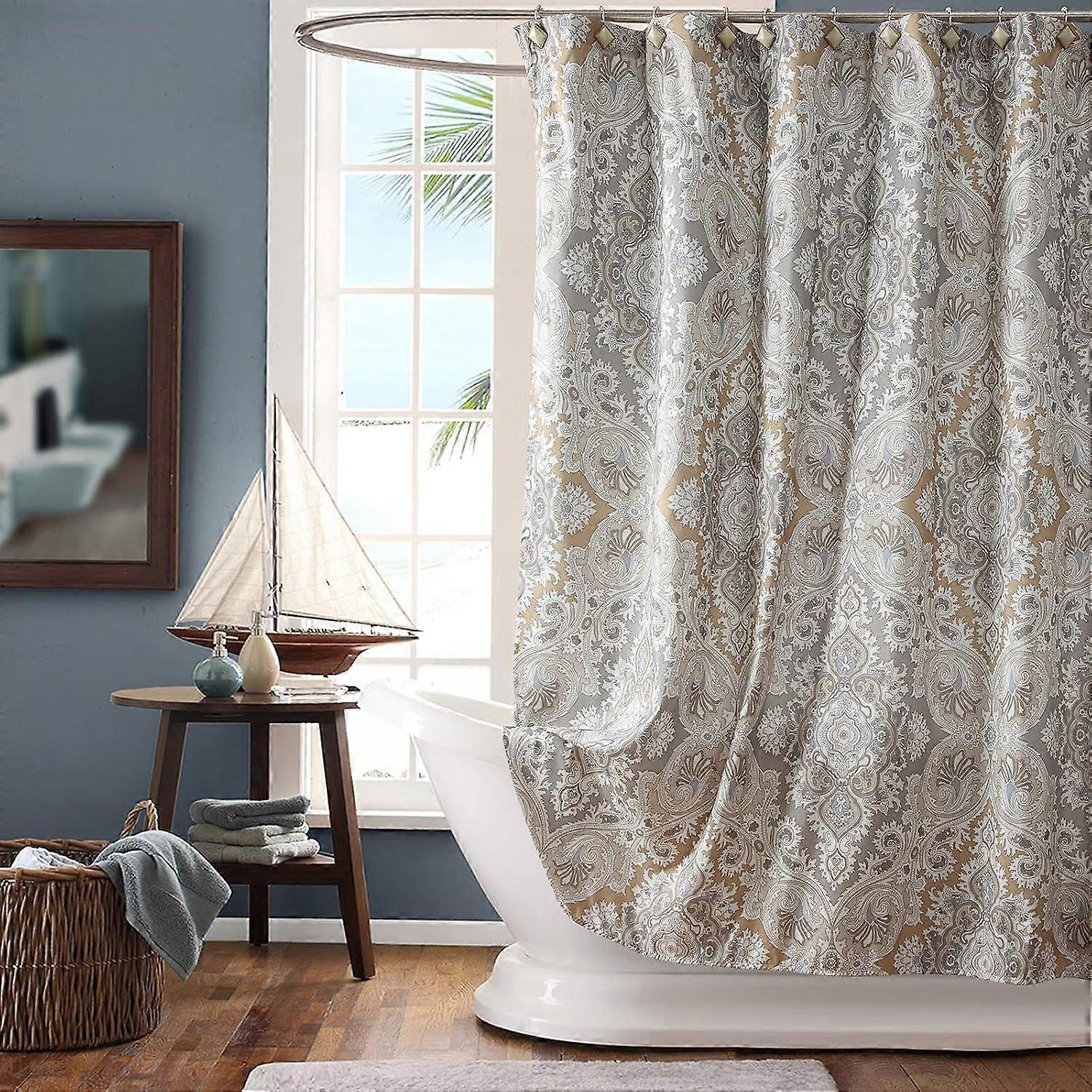 ستارة دش من القماش ، ستائر دش باللون البيج والرمادي باللون البيج والرمادي بنمط بوهو بيزلي بنمط دمشقي للحمام ، ستائر حمام مقاومة للماء ، 72 بوصة عرض × 72 بوصة ارتفاع