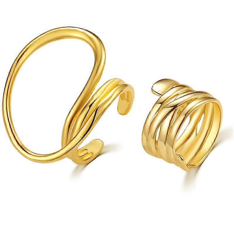 Set of 2 Irregular Large Round Statement Rings for Women, Gold