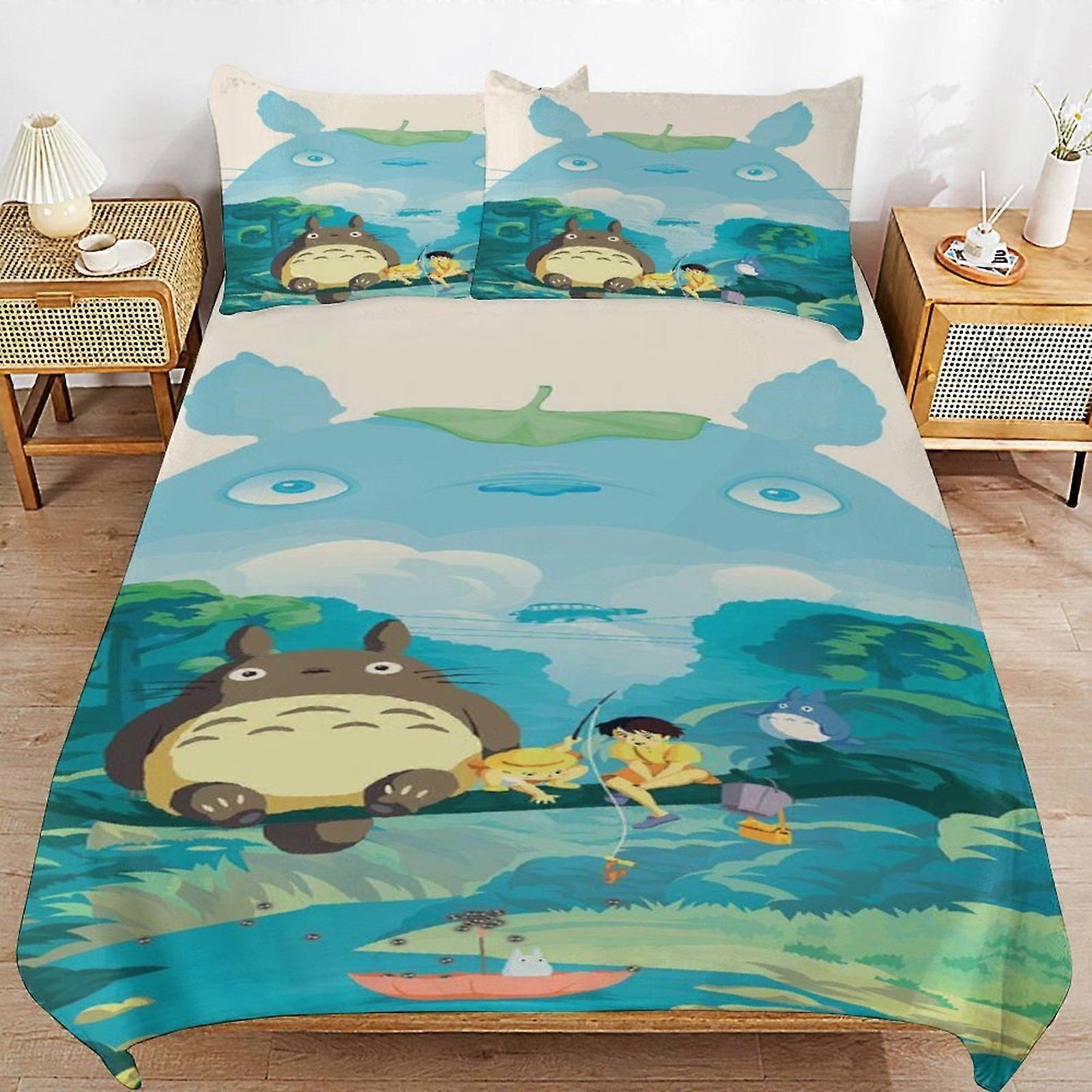 sengetøj sæt CA319 Min nabo Totoro seng dynebetræk Microfiber sengetøj sæt 3D-printet letvægts 3-delt dynesæt, 1 dynebetræk og 2 puder