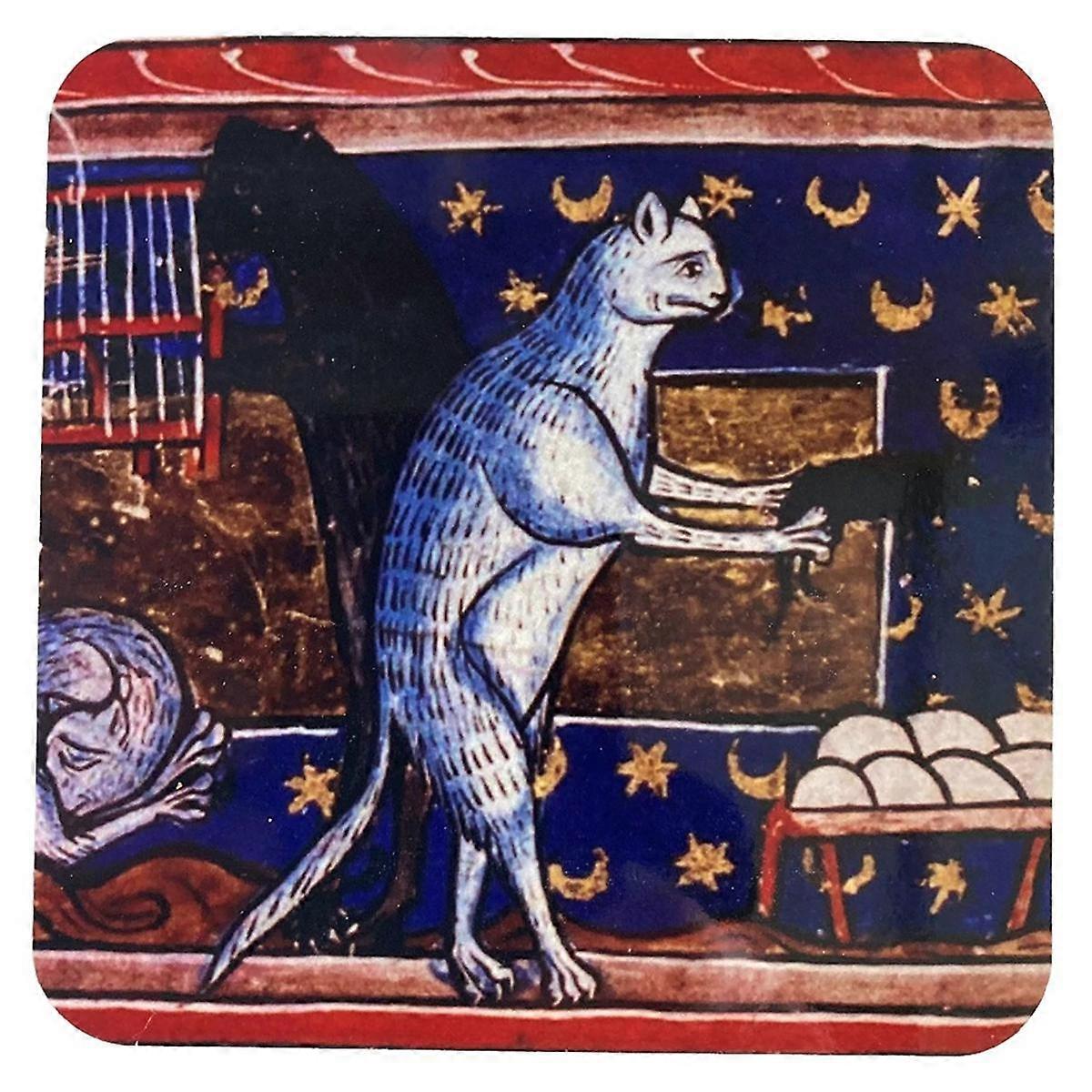 Medieval Cat Coasters for Drink Set Cat Pattern Round Coasters, Drinking Coasters Cat Coaster B