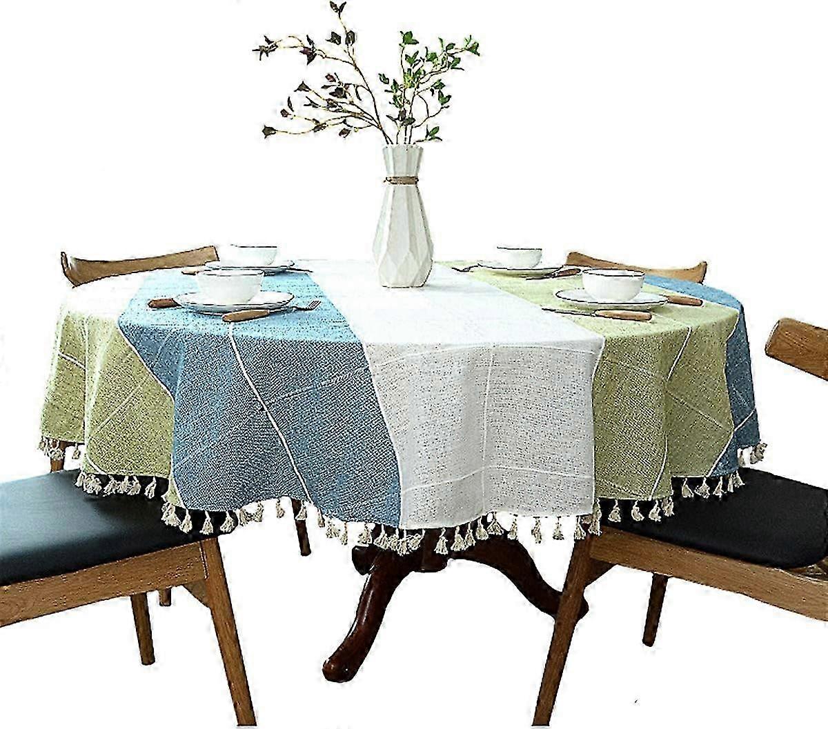 heavy cotton linen tablecloth, round, checked, tassel