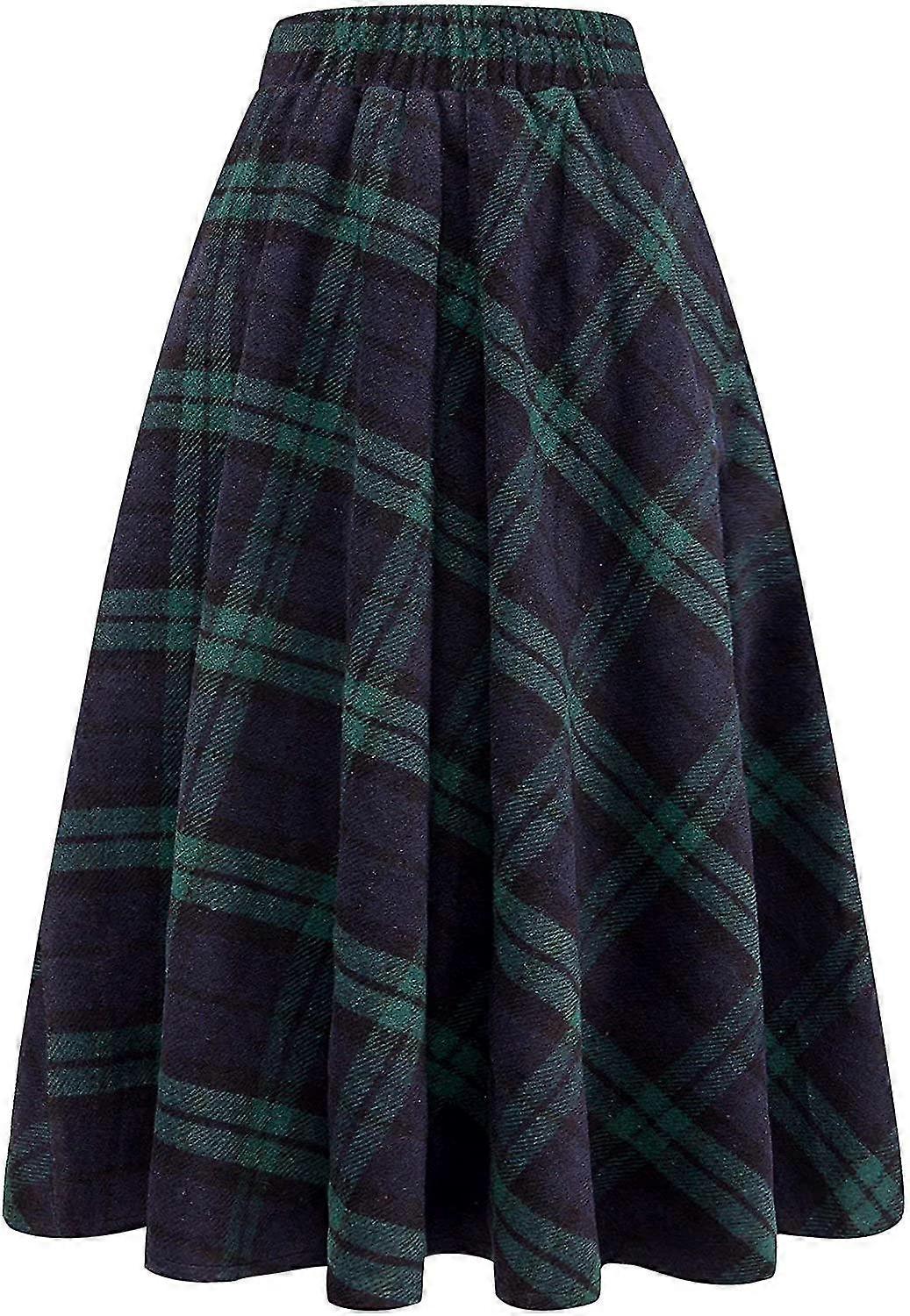 Femmes Taille Élastique Haute Maxi Jupe A-line Plaid Hiver Chaud Flare Jupe Longue-c