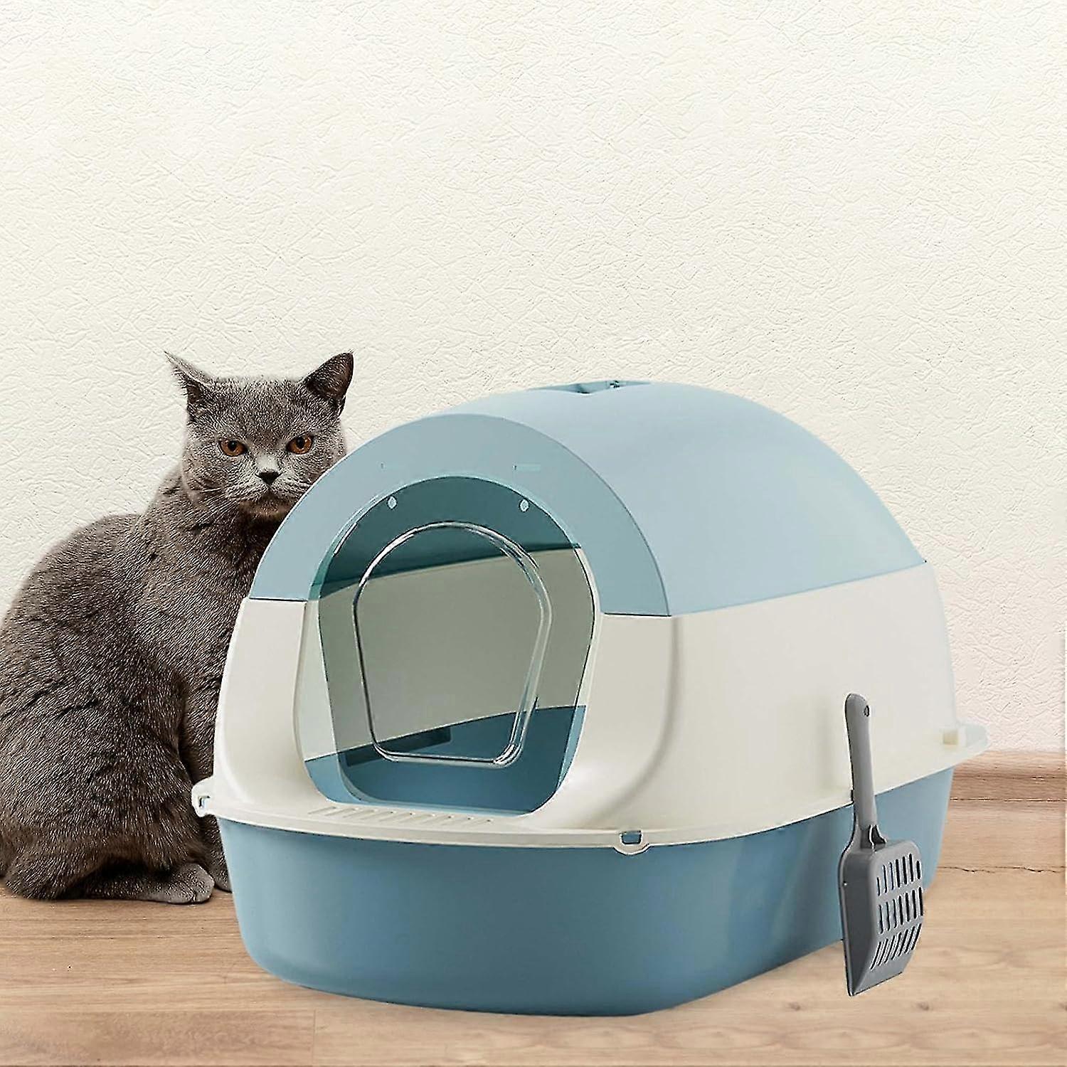 Closed Cat Litter Box with Hood - Durable and Removable - Blue