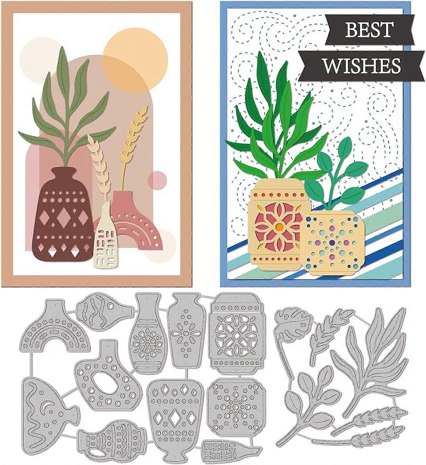 2Pcs Bohemian Vase Cutting Dies Garden Plants Vases and Leaves Die Cuts Embossing Stencils Template for Paper Card Making Decoration DIY Scrapbooking