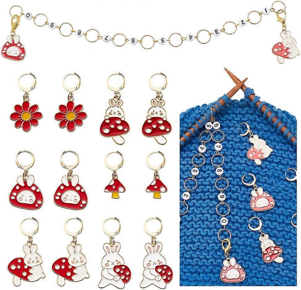 Stitch Markers Kits Mushroom Knitting Row Counter Chains and 12 Pcs Stitch Markers Alloy Enamel Charms Stitch Marker for Knitting Weaving Sewing Jewel