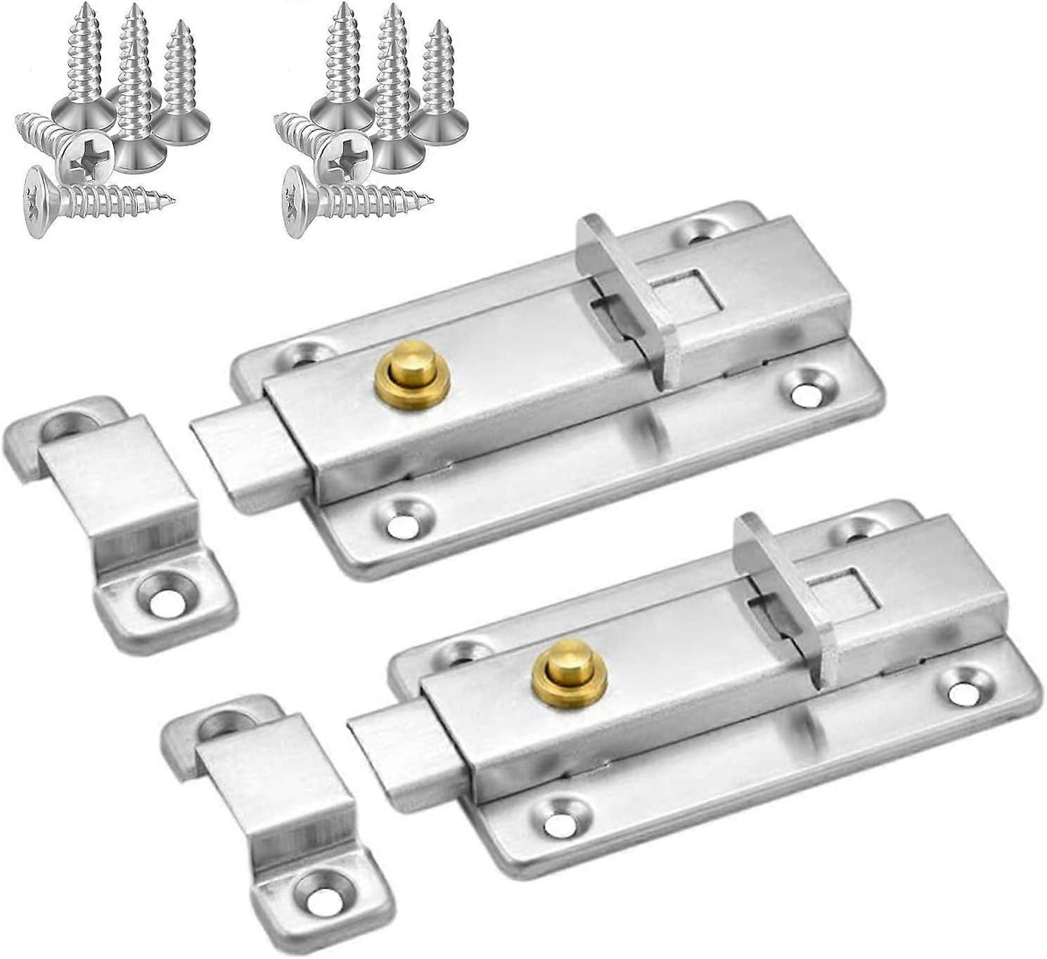 Door Latch Sliding Lock,4 inch Automatic Elastic Spring Stainless Steel Sliding Lock with Button(2 Pack Silver)